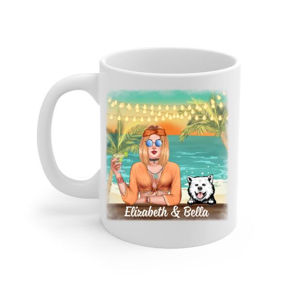 Personalized Mug, Hippie Girl with Dogs On The Beach, Gifts For Hippie and Dog Lovers