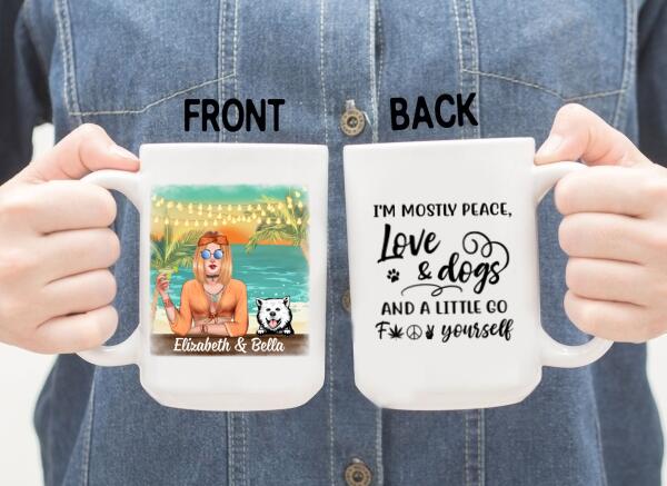 Personalized Mug, Hippie Girl with Dogs On The Beach, Gifts For Hippie and Dog Lovers