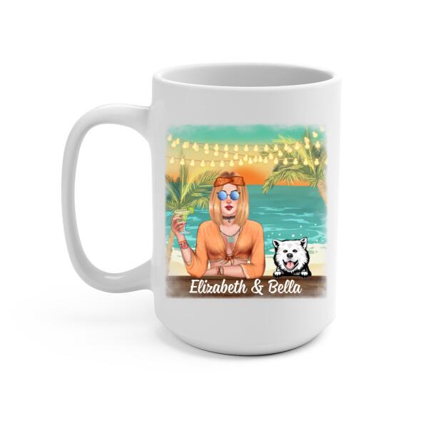 Personalized Mug, Hippie Girl with Dogs On The Beach, Gifts For Hippie and Dog Lovers