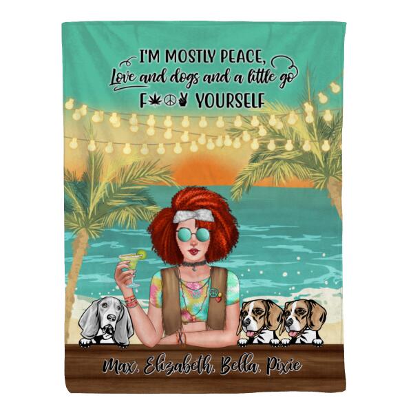 Personalized Blanket, Hippie Girl with Dogs On The Beach, Gifts For Hippie and Dog Lovers