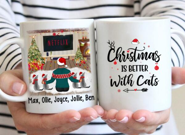 Personalized Mug, Christmas Man And Cats, Gift For Cat Lovers