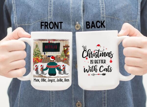 Personalized Mug, Christmas Man And Cats, Gift For Cat Lovers