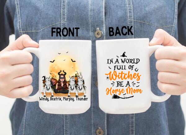 Personalized Mug, Up To 3 Horses, Witch And Peeking Horses, Hallween Gift For Horse Lovers