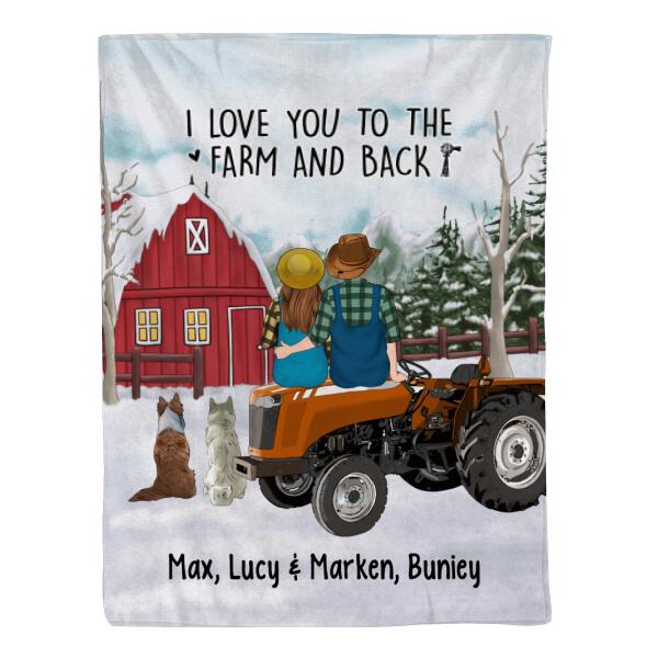 Personalized Blanket, Farming Couple On Tractor With Dogs, Winter Theme, Gift For Farmers And Dog Lovers