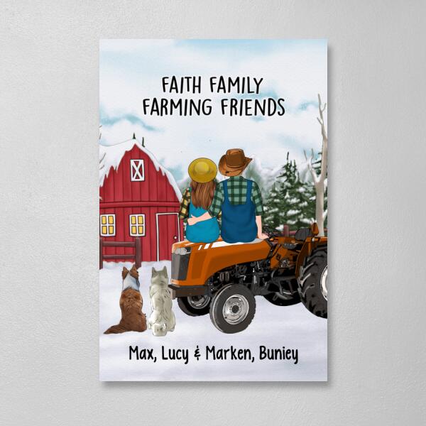 Personalized Canvas/Poster, Farming Couple On Tractor With Dogs, Winter Theme, Gift For Farmers And Dog Lovers