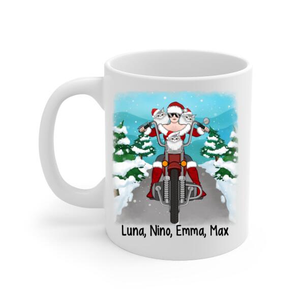 Personalized Mug, Motorcycle Girl With Cats, Christmas Gift For Bikers And Cat Lovers