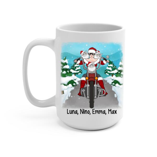 Personalized Mug, Motorcycle Girl With Cats, Christmas Gift For Bikers And Cat Lovers