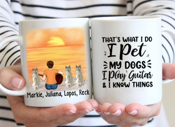 Personalized Mug, A Girl Playing Guitar With Dogs, Gift For Guitar And Dog Lovers