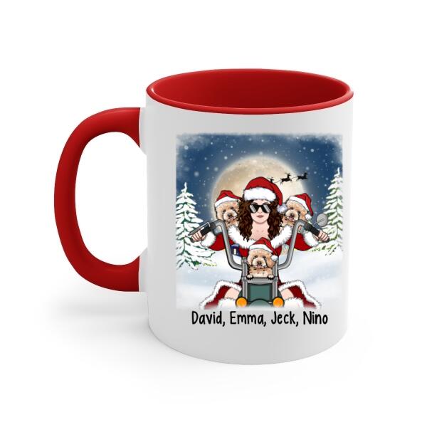 Personalized Mug, Motorcycle Woman With Dogs, Christmas Gift For Bikers And Dog Lovers