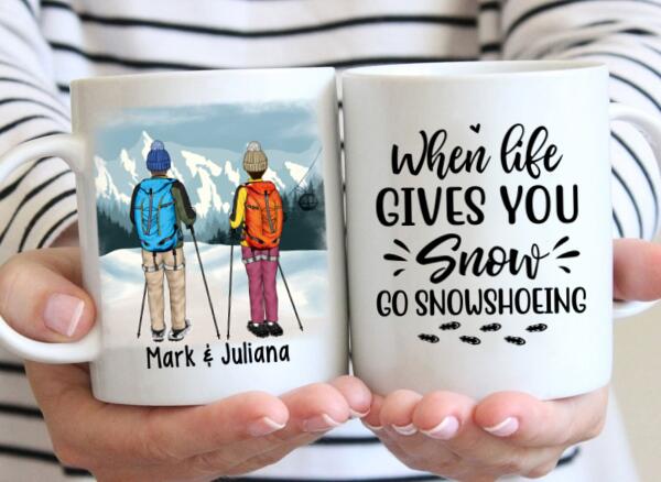 Personalized Mug, Snowshoeing Couple and Friends, Gift for Snowshoeing Lovers