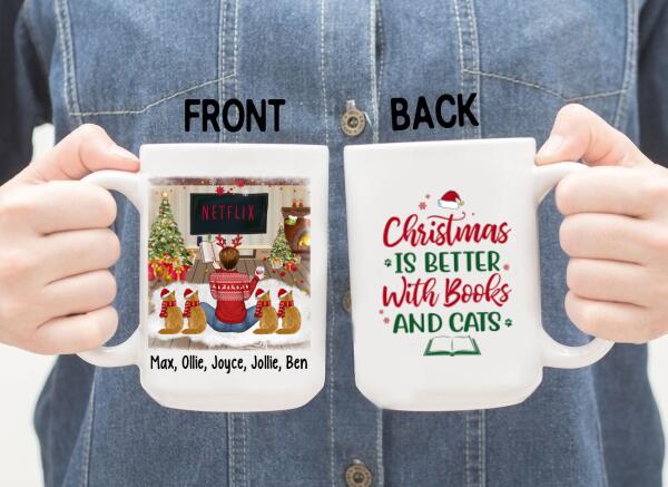 Personalized Mug, Christmas Is Better With Books And Cats, Christmas Gift For Book Lovers And Cat Lovers