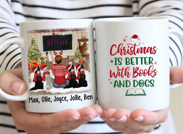 Personalized Mug, Christmas Is Better With Books And Dogs, Christmas Gift For Book Lovers And Dog Lovers