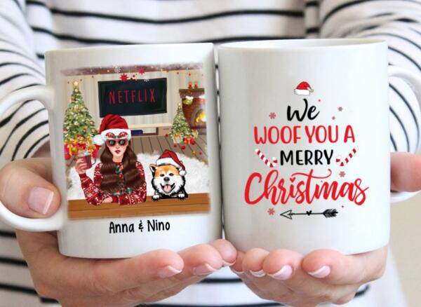 Personalized Mug, Up To 4 Dogs, We Woof You A Merry Christmas, Christmas Gift For Dog Lovers