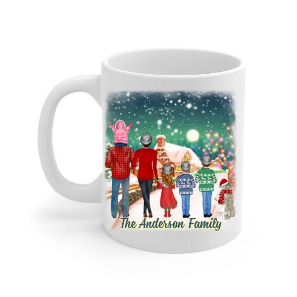 Personalized Ceramic Mug, Christmas Family Standing with Dog, Christmas Gift For Family and Dog Lovers