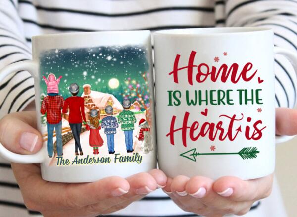 Personalized Ceramic Mug, Christmas Family Standing with Dog, Christmas Gift For Family and Dog Lovers