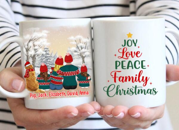 Personalized Ceramic Mug, Joy Love Peace Family Christmas, Christmas Gift For Whole Family