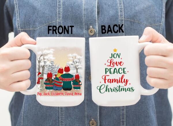 Personalized Ceramic Mug, Joy Love Peace Family Christmas, Christmas Gift For Whole Family