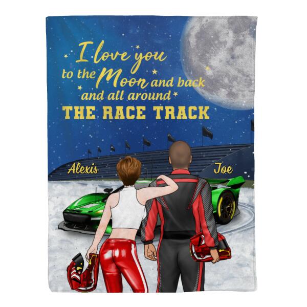 I Love You To The Moon And Back, The Rack Track - Personalized Gifts Custom Racing Blanket For Him For Couples, Racing Lovers