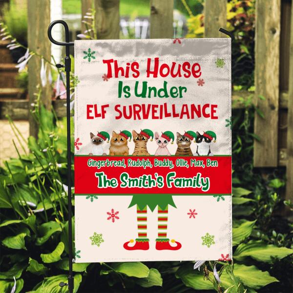 Personalized Garden Flag, Up To 6 Cats, This House Is Under Elf Surveillance, Christmas Gift For Cat Lovers