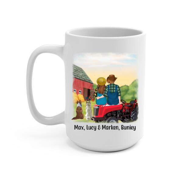 Personalized Mug, Farming Couple On Tractor With Dogs, Gift For Farmers, Gift For Dog Lovers