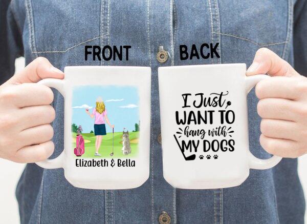 Personalized Mug, Golf Drink Woman with Dogs Gift For Golf and Dog Lovers