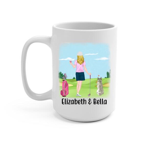 Personalized Mug, Golf Drink Woman with Dogs Gift For Golf and Dog Lovers