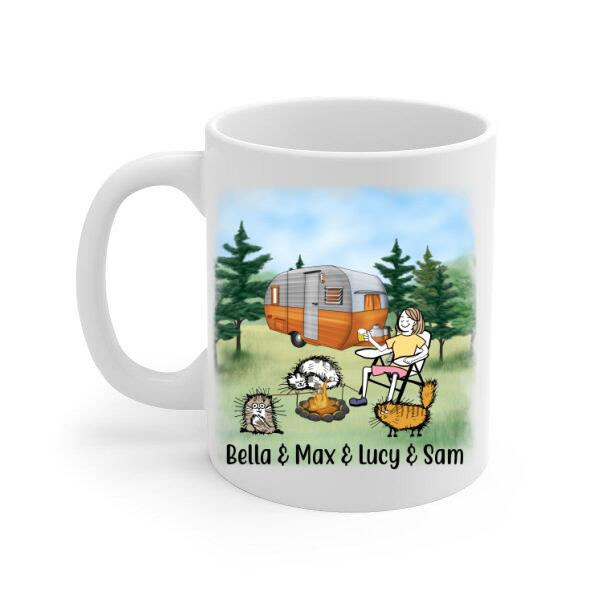 Personalized Mug, A Girl and Her Cats Go Camping, Gift for Campers and Cat Lovers