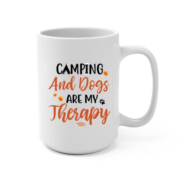 Personalized Mug, Camping And Dogs Are My Therapy - Fall Season Gift, Gift For Campers And Dog Lovers