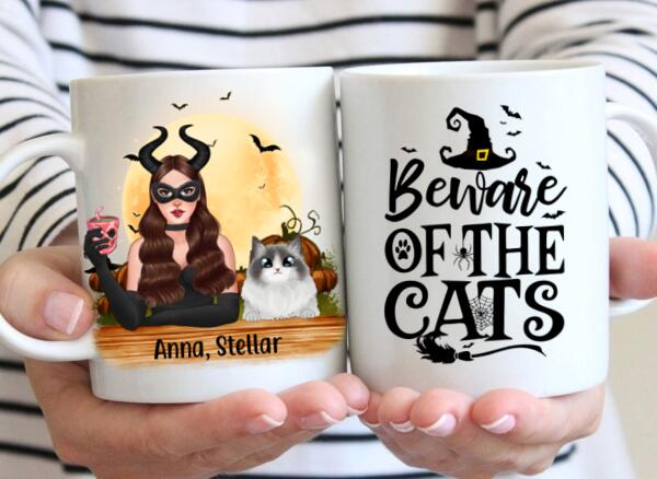 Personalized Mug, Up to 3 Cats, Witch And Cats - Halloween Gift, Gift For Cat Lovers