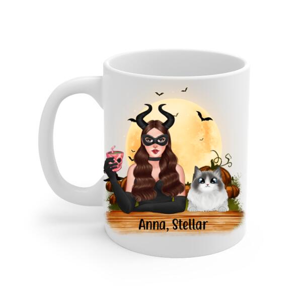 Personalized Mug, Up to 3 Cats, Witch And Cats - Halloween Gift, Gift For Cat Lovers