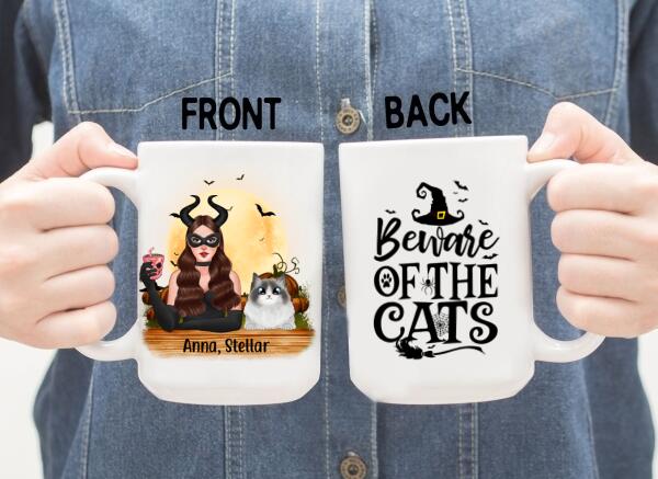 Personalized Mug, Up to 3 Cats, Witch And Cats - Halloween Gift, Gift For Cat Lovers