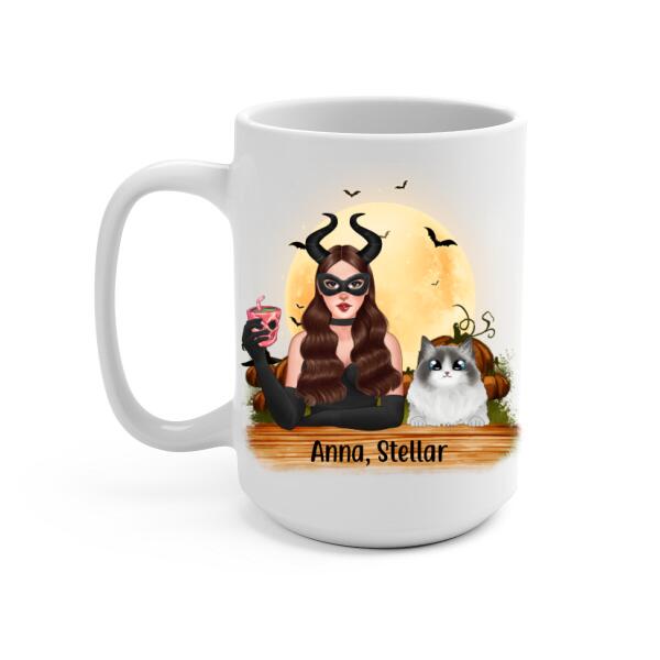 Personalized Mug, Up to 3 Cats, Witch And Cats - Halloween Gift, Gift For Cat Lovers