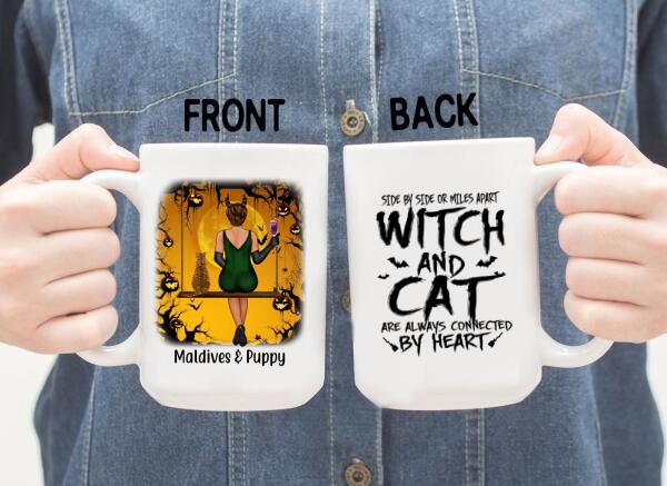 Witch and Cat Are Always Connected by Heart - Halloween Personalized Gifts Custom Cat Mug for Cat Mom, Cat Lovers