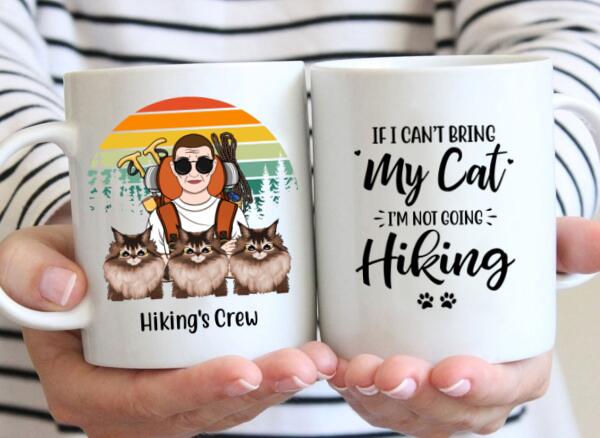 Personalized Mug, Hiking Woman And Cats, Gifts For Cat Lovers, Hiking Lovers