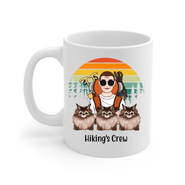 Personalized Mug, Hiking Woman And Cats, Gifts For Cat Lovers, Hiking Lovers