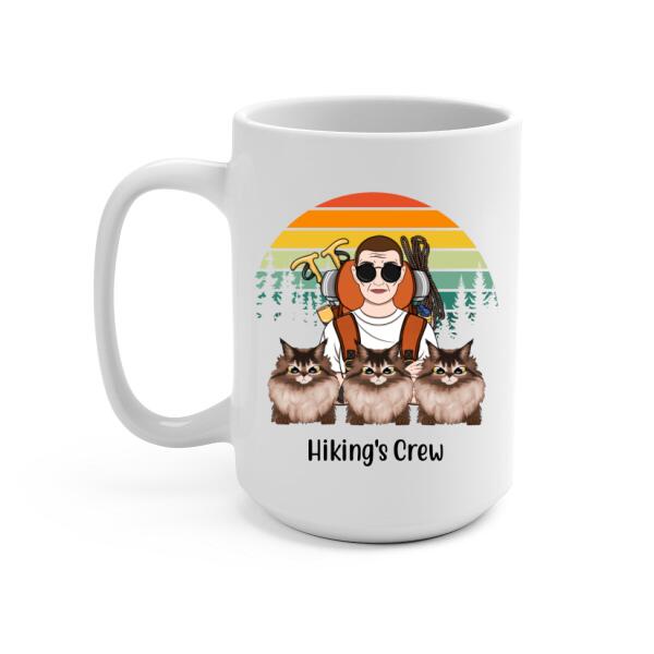 Personalized Mug, Hiking Woman And Cats, Gifts For Cat Lovers, Hiking Lovers