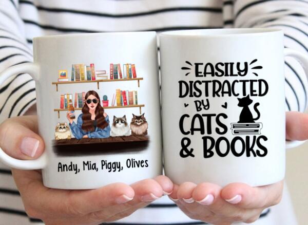 Personalized Mug, Woman Loves Books And Cats, Gifts For Book Lovers, Cat Lovers