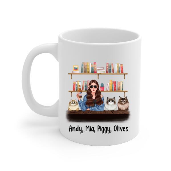 Personalized Mug, Woman Loves Books And Cats, Gifts For Book Lovers, Cat Lovers