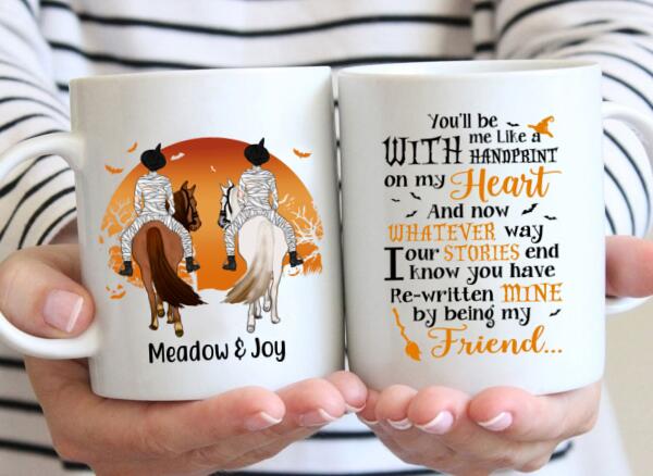 Personalized Halloween Mug - Up to 3 Girls, Custom Horse Riding Besties Gift, Handprint Design for Sisters and Friends