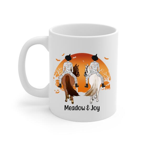 Personalized Halloween Mug - Up to 3 Girls, Custom Horse Riding Besties Gift, Handprint Design for Sisters and Friends