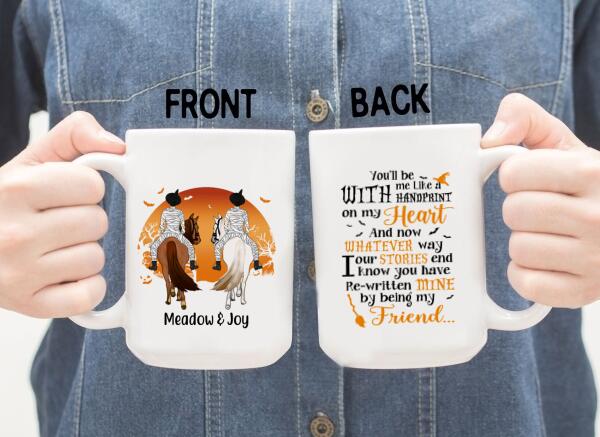 Personalized Halloween Mug - Up to 3 Girls, Custom Horse Riding Besties Gift, Handprint Design for Sisters and Friends