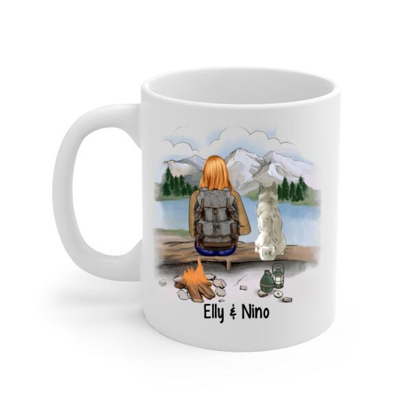 Personalized Mug, Hiking Woman With Dogs, Gift For Hikers And Dog Lovers