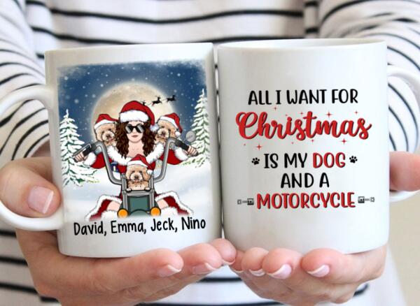 Personalized Mug, Motorcycle Woman With Dogs, Christmas Gift For Bikers And Dog Lovers