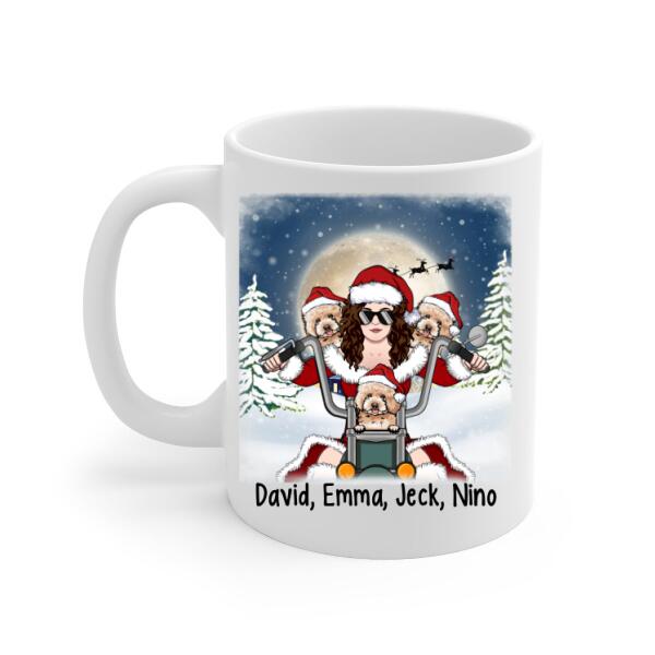 Personalized Mug, Motorcycle Woman With Dogs, Christmas Gift For Bikers And Dog Lovers