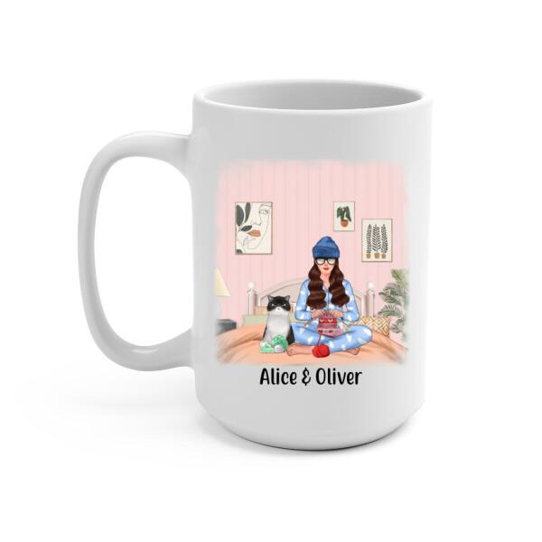 Personalized Mug, Girl Knitting with Cats, Gift for Knitters, Cat Lovers