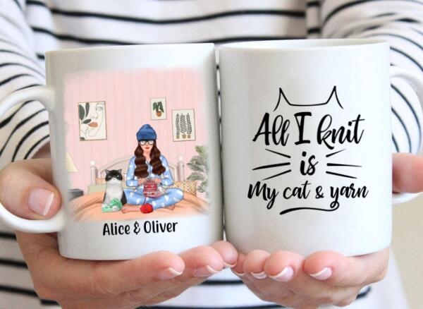 Personalized Mug, Girl Knitting with Cats, Gift for Knitters, Cat Lovers