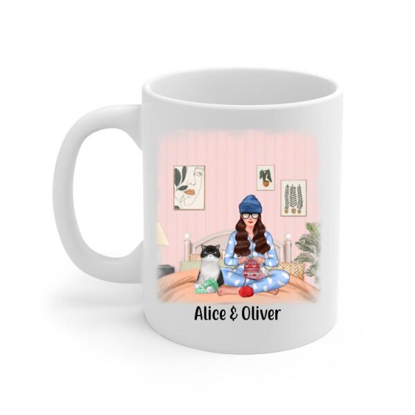 Personalized Mug, Girl Knitting with Cats, Gift for Knitters, Cat Lovers