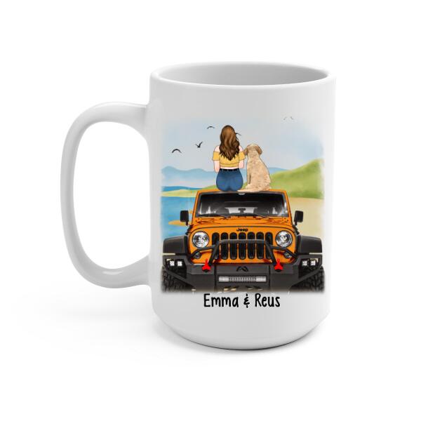 Personalized Mug, Girl With Pets Sitting On Car - Adventure Partners For Life, Gift For Car Lovers, Dog Lovers, Cat Lovers