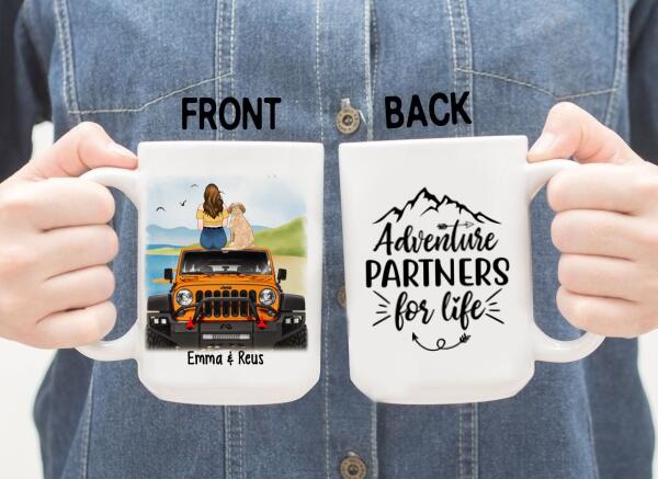 Personalized Mug, Girl With Pets Sitting On Car - Adventure Partners For Life, Gift For Car Lovers, Dog Lovers, Cat Lovers