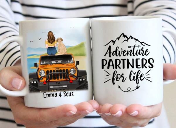 Personalized Mug, Girl With Pets Sitting On Car - Adventure Partners For Life, Gift For Car Lovers, Dog Lovers, Cat Lovers